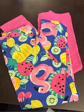 2 pairs Girls' Pink Tropical Fruit & Flamingo capri leggings XXL(11/12)